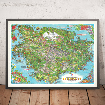 Old Pictorial Map of Hawaii by Forrest, 1979: Big Island, Mauna Kea, Loa, Kilauea, Kona Coast, Hilo
