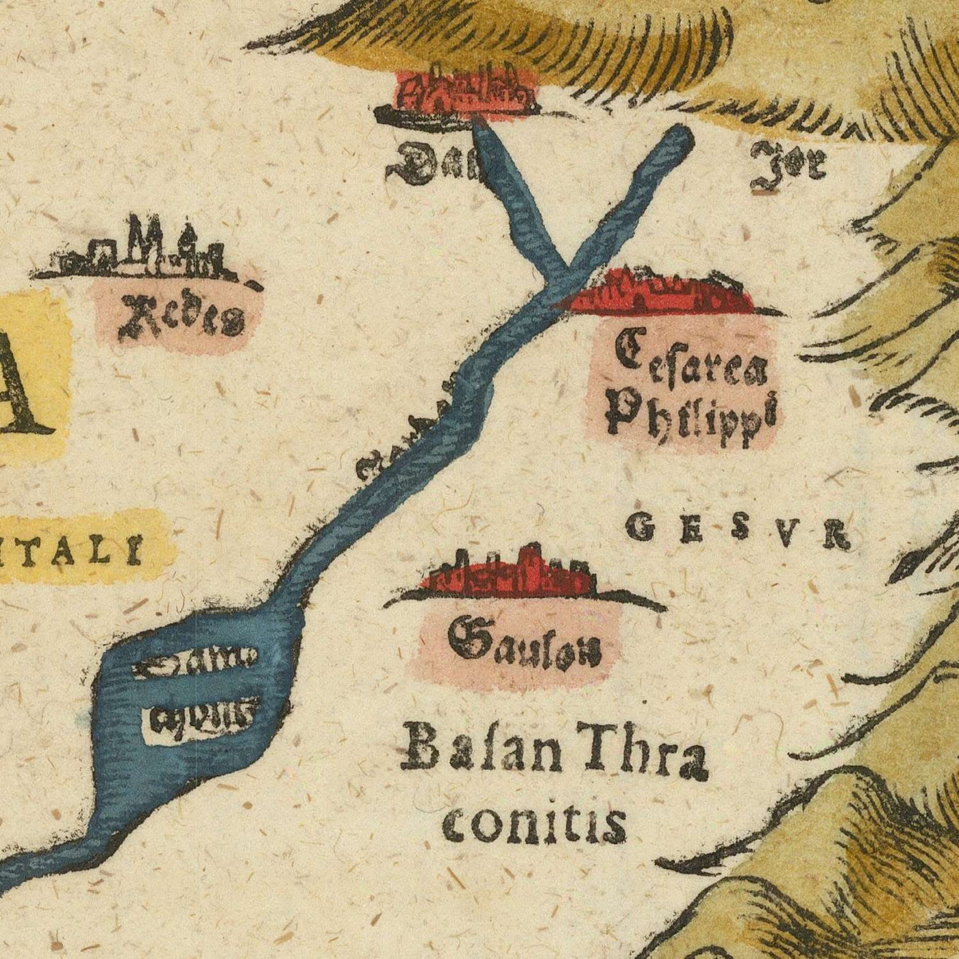 Mapa antiguo de Israel de Bunting, 1581: Jerusalén, río Jordán, mar Muerto, monte Carmelo, monstruos marinos