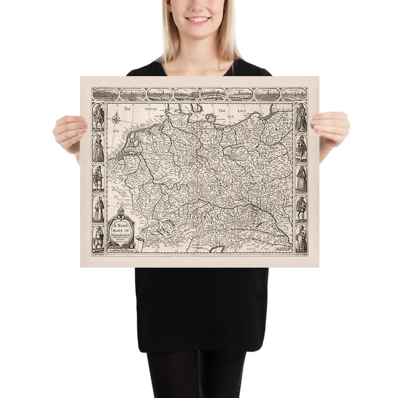 Vecchia mappa monocromatica della Germania di Speed, 1626: Berlino, Amburgo, Monaco, Mare del Nord, Mare Baltico 