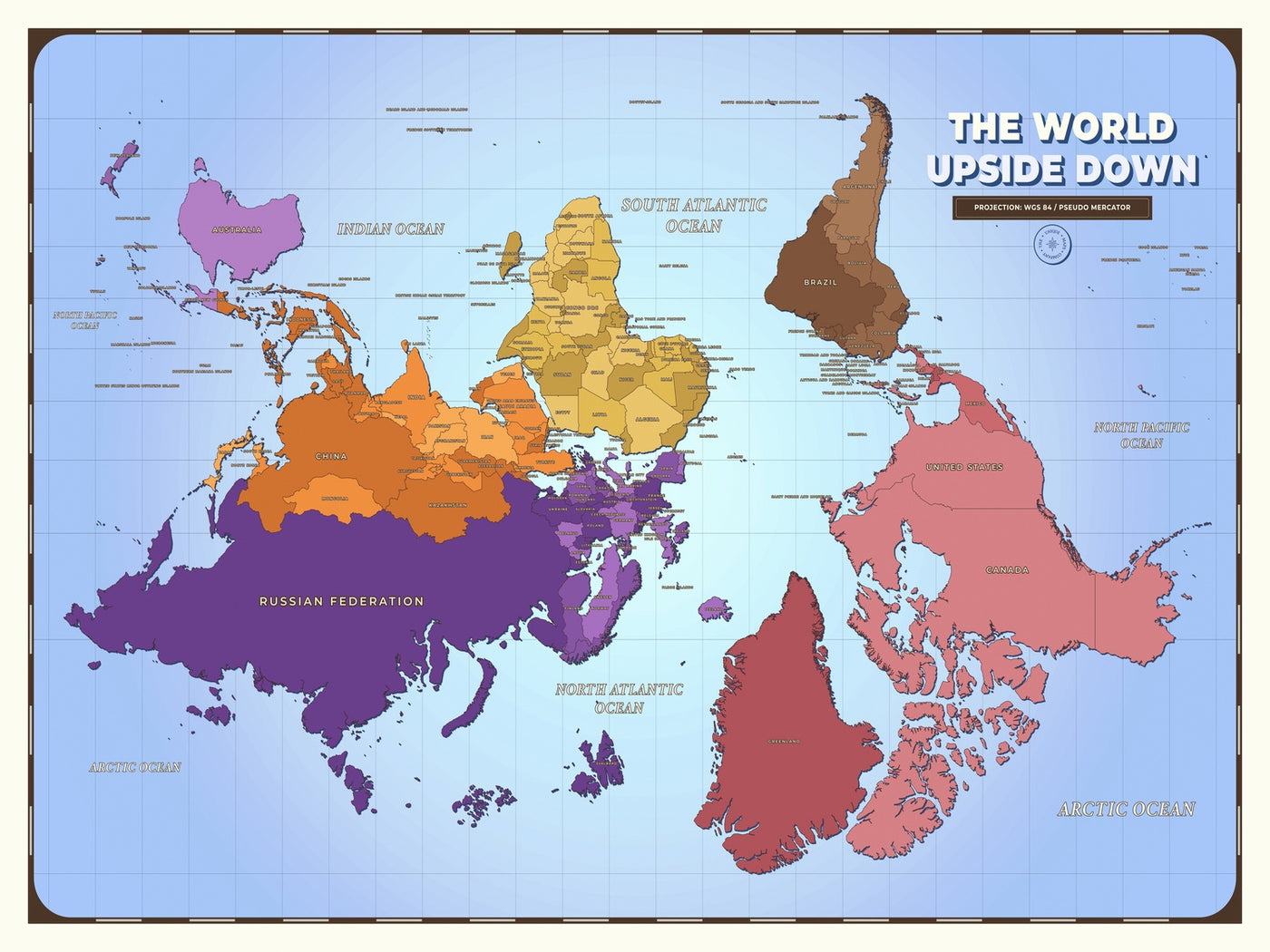 Upside-Down World Map, 2026: South-up, Pseudo-Mercator, Colour Coded C ...