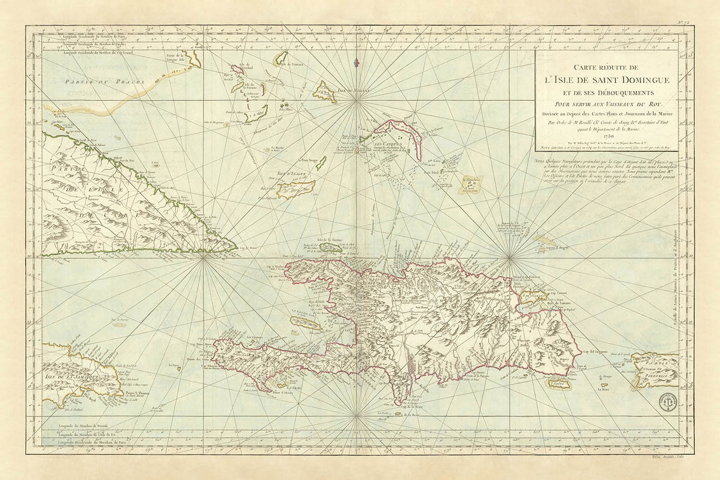 Old Nautical Map of the Caribbean, 1750: Santo Domingo, Haiti, Jamaica, Puerto Rico, Turks & Caicos