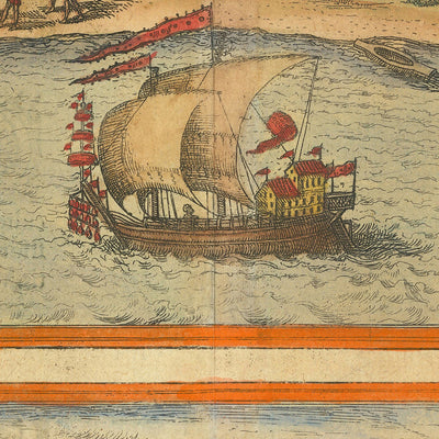Old Map of Calicut in India by Braun & Hogenberg, 1572: Ormuz, Canonor, El Mina, Ships