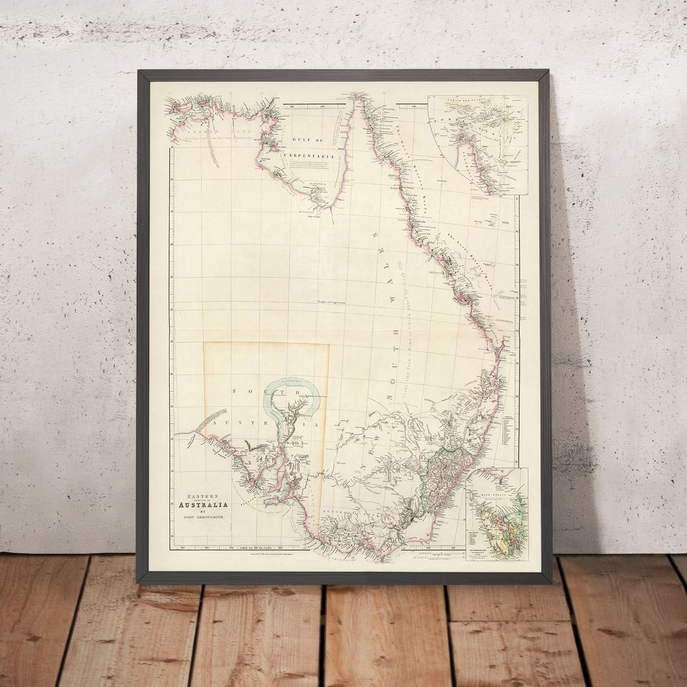 Alte Karte von Australien im Osten von Arrowsmith, 1844: Sydney, Adelaide, Hobart, Carpentaria, Tasmanien 