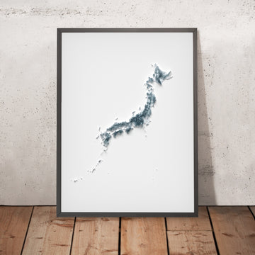 A framed image of a 3D style topographic relief map ofJapan