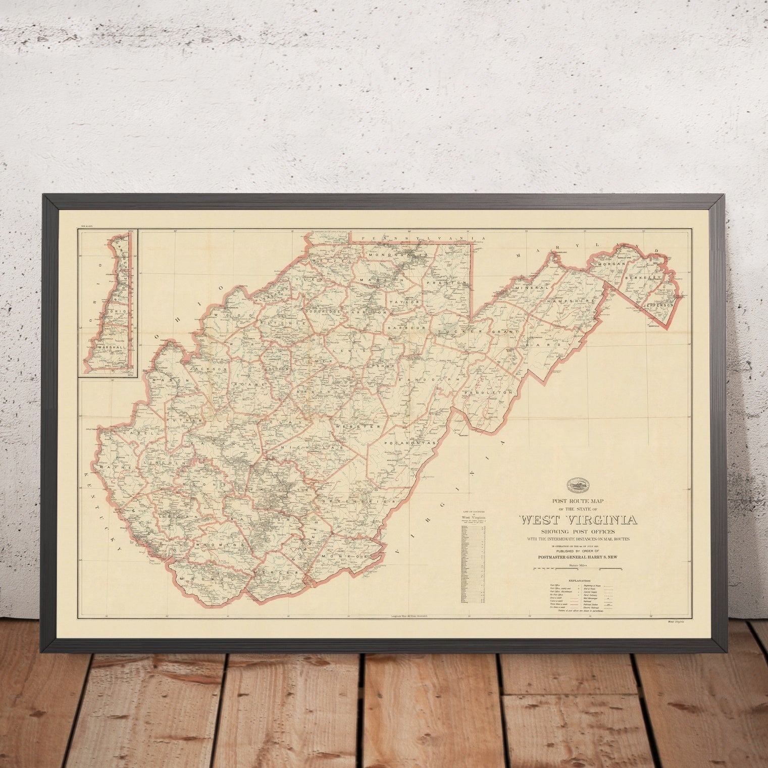 Old Postal Route Map of West Virginia, 1925: Charleston, Wheeling, Hun ...