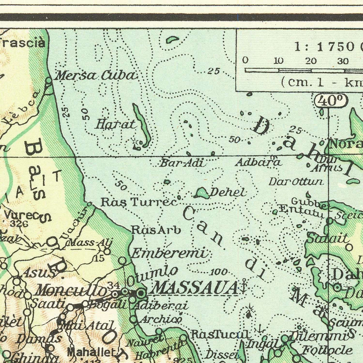 Old Map of East Africa by Touring Club Italiano, 1936: Addis Ababa, Mogadishu, Red Sea, Railways, Inset Maps