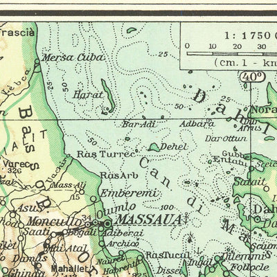 Old Map of East Africa by Touring Club Italiano, 1936: Addis Ababa, Mogadishu, Red Sea, Railways, Inset Maps