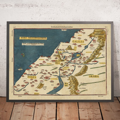 Mapa antiguo de Israel de Bunting, 1581: Jerusalén, río Jordán, mar Muerto, monte Carmelo, monstruos marinos