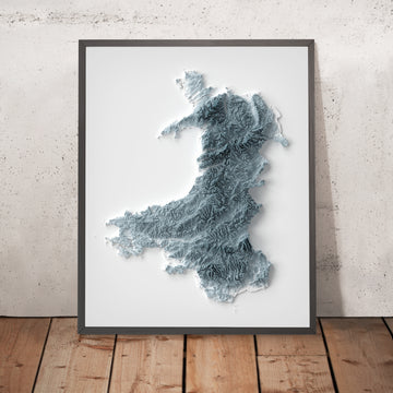 A framed image of a 3D style topographic relief map ofWales