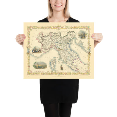 Old Map of Northern Italy by Tallis, 1851: Venice, Alps, St Peter's Basilica, Lake Garda