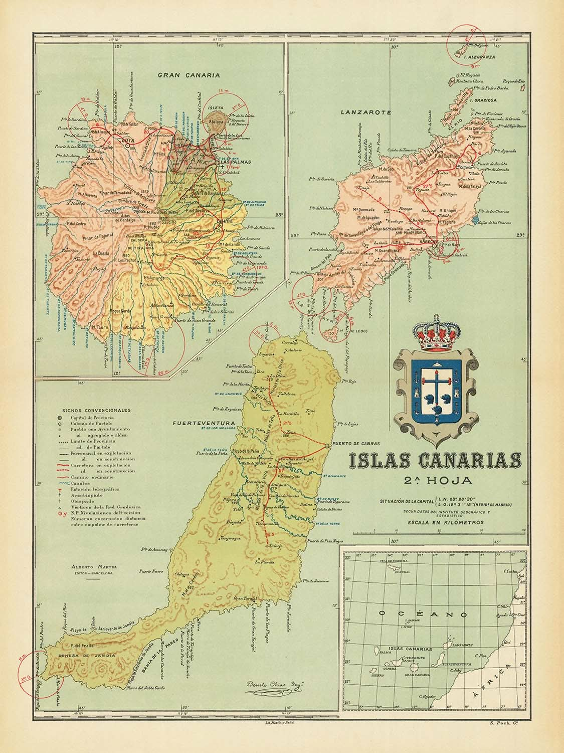 Mapa antiguo de Canarias de Chias, 1900: Las Palmas, Arrecife, Escudo, Topografía, Carreteras