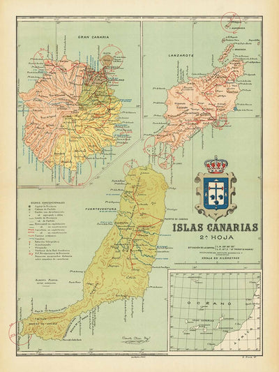 Mapa antiguo de Canarias de Chias, 1900: Las Palmas, Arrecife, Escudo, Topografía, Carreteras