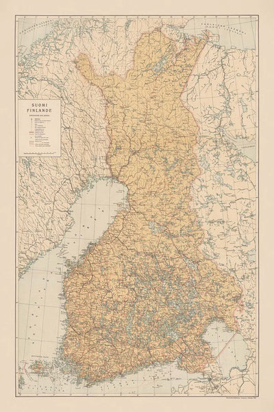 Mapa antiguo de Finlandia (Suomi), 1930: Helsinki, Tampere, golfo de Botnia, ferrocarriles, fronteras