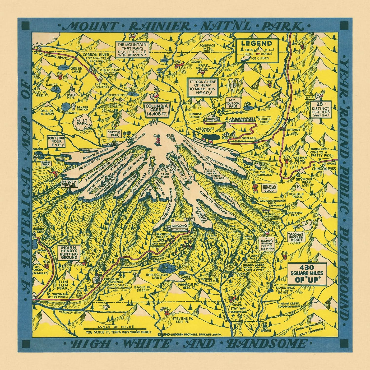 Old Map of Mount Rainier National Park, 1940: Columbia Crest, Paradise Inn, Wonderland Trail, Reflection Lake, Longmire