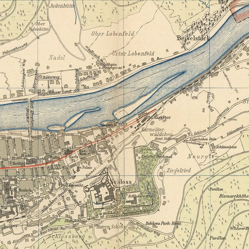 Plano antiguo de la ciudad de Heidelberg de Rübsamen, 1907: Castillo, río Neckar, Neuenheim, Bergheim, Philosophenweg