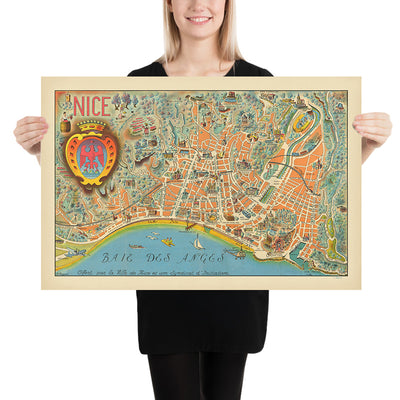 Old Pictorial Map of Nice by Poisson, 1950: Promenade des Anglais, Victorine Studios, Castle, Notre Dame, Baie des Anges