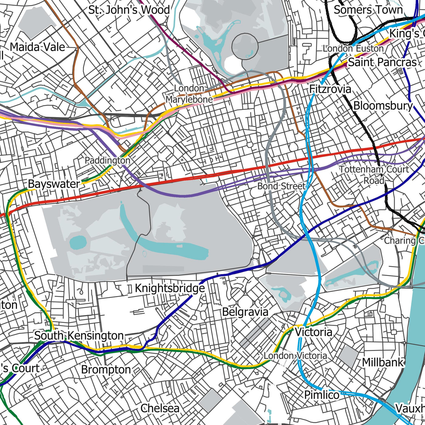 Modern London Map with Real Underground Tube Routes