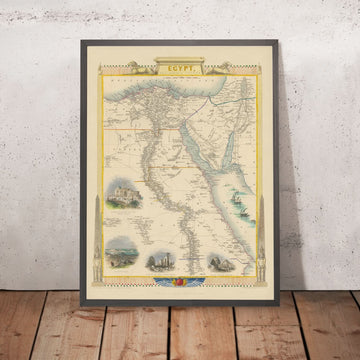 Old Map of Egypt by Tallis & Rapkin, 1851: Cairo, Alexandria, Karnac, Sphinx, Red Sea