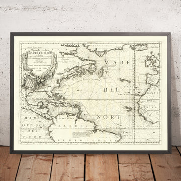 Old Map of the North Atlantic by Coronelli, 1691: Mercator projection; Baroque cartouche; Antonio Zeno discovery claim