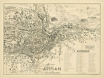 Alte Karte von Amman von Aleeff, 1953: Zitadelle, Amphitheater, Raghadan-Palast, Botschaften, Grab von König Abdullah