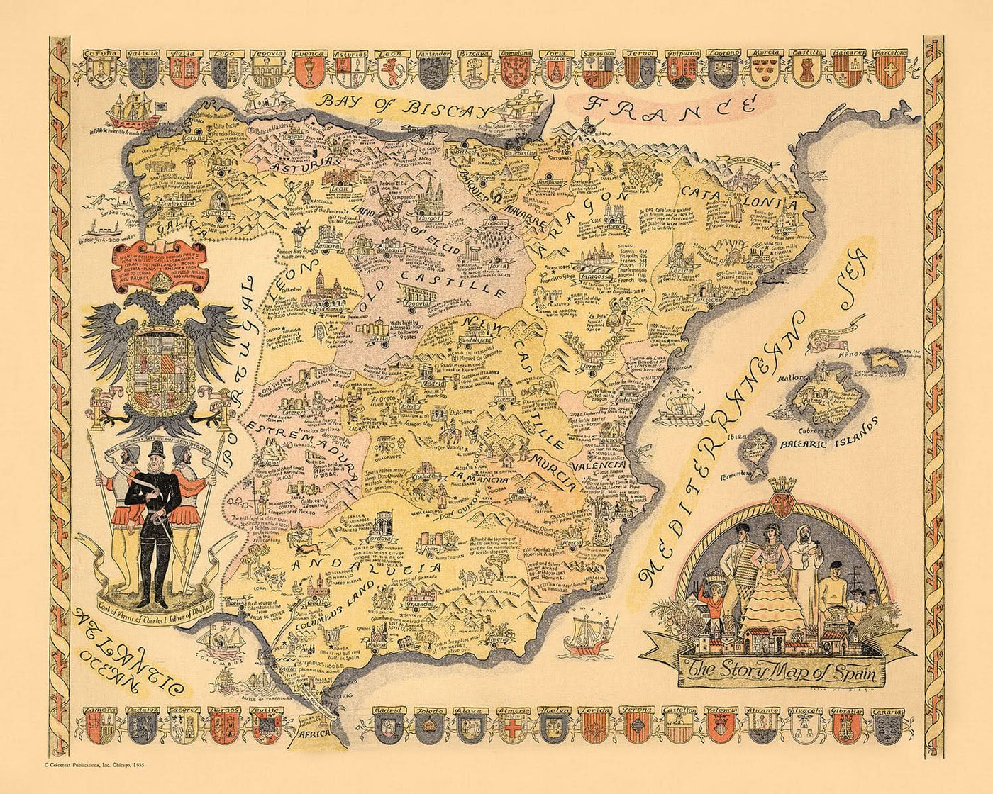 Mapa ilustrado antiguo de España, 1935: Madrid, Barcelona, Sevilla, Golfo de Vizcaya, buques históricos