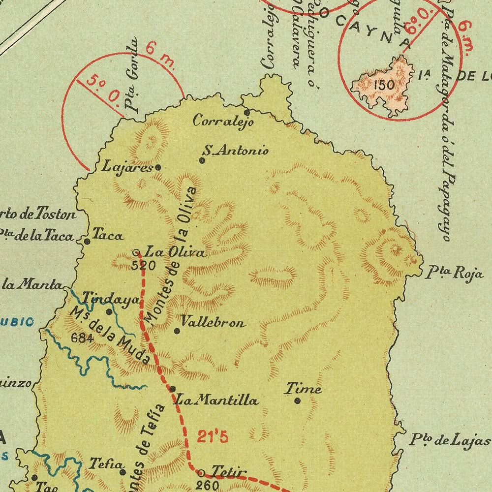 Mapa antiguo de Canarias de Chias, 1900: Las Palmas, Arrecife, Escudo, Topografía, Carreteras