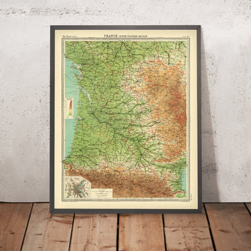 Old Topographic Map of South West France by Bartholomew, 1922: Bordeaux, Toulouse, Pyrenees, Bay of Biscay, Gironde Estuary