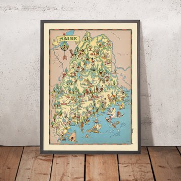 Mappa Pittorica del Maine di Ruth Taylor White, 1935: Portland, Bangor, Legname, Pesca di Aragoste, Katahdin 