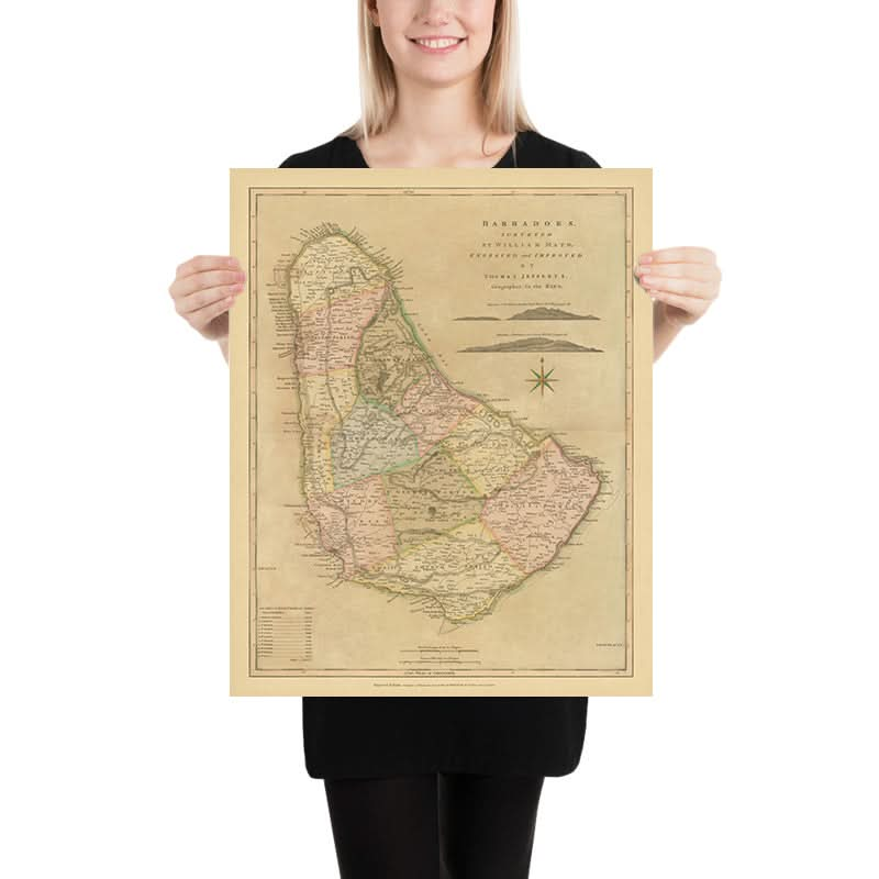 Old Map of Barbados by Mayo, 1810: Bridgetown, Speightstown, Parishes, Forts, Compass Rose