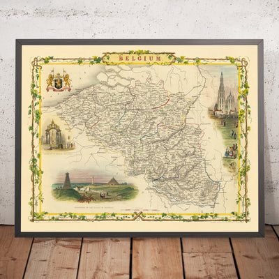 Old Map of Belgium by Tallis, 1851: Brussels, Antwerp, Ghent, Waterloo, Antwerp Cathedral