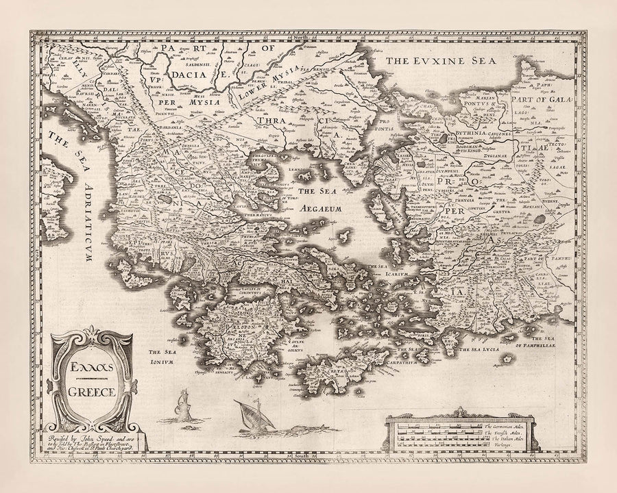 Vecchia mappa della Grecia di Speed, 1676: Atene, Corinto, Mare Egeo, Navi 
