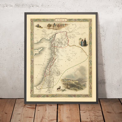 Old Map of Syria & Cyprus by John Tallis, 1851: Palestine, Lebanon, Damascus, Jerusalem, Beirut, Nicosia