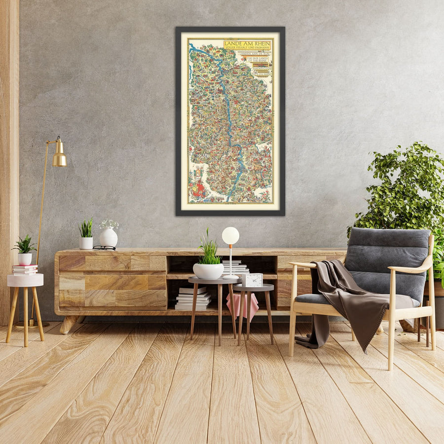 Vecchia mappa pittorica della Germania di Faller, 1950: Bacino del fiume Reno, Castelli, Colonia, Düsseldorf 