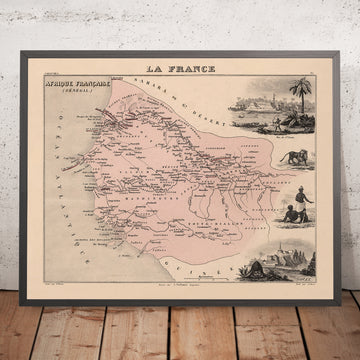 Ancienne carte du Sénégal (Afrique française) par Vuillemin, 1869 : Dakar, Saint-Louis, rivières Sénégal et Gambie, coloniale 