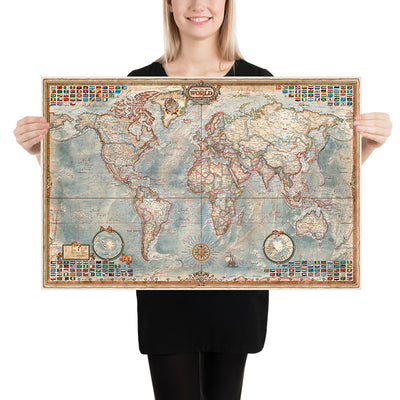 Carte du monde exécutive par Ray&Co, 2025 : Relief océanique 3D, esthétique vintage, chaque drapeau 