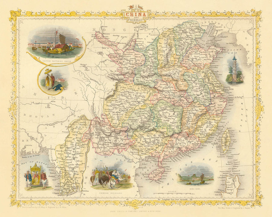 Vieille carte de la Chine et de la Birmanie par Tallis, 1851 : Taïwan, Myanmar, Hong Kong, Grande Muraille, Canton, Yangtsé, Lhassa 