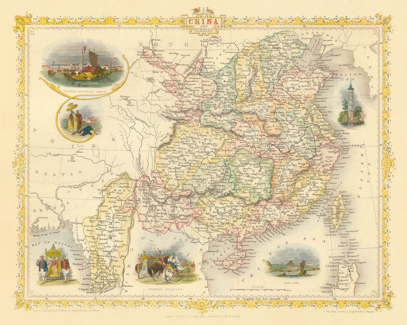 Old Map of China and Burma by Tallis, 1851: Taiwan, Myanmar, Hong Kong, Great Wall, Canton, Yangtze, Lhasa