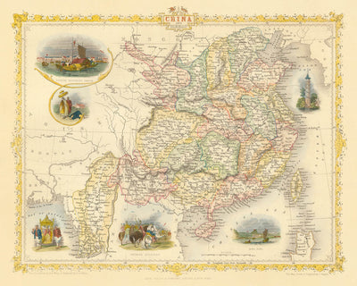 Old Map of China and Burma by Tallis, 1851: Taiwan, Myanmar, Hong Kong, Great Wall, Canton, Yangtze, Lhasa