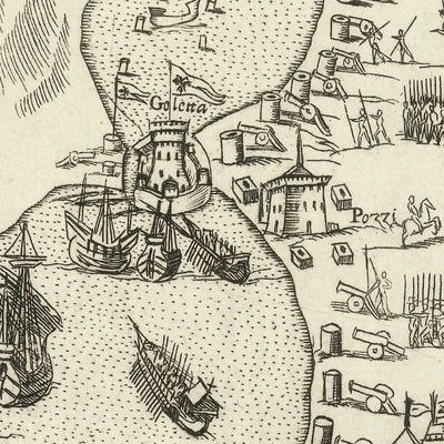 Mapa militar antiguo de la conquista de Túnez por Zaltieri, 1566: Túnez, La Goleta, batallas navales, Borgo Rabat, ruinas de Cartago