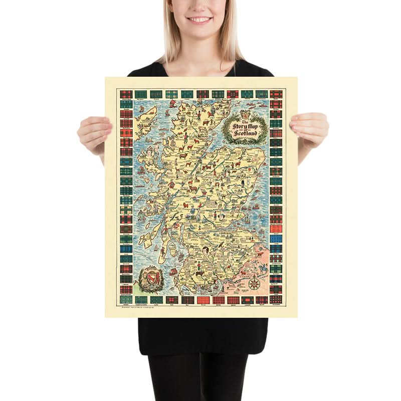 Mapa ilustrado antiguo de Escocia, 1935: Edimburgo, Glasgow, castillos, tartanes y personajes históricos