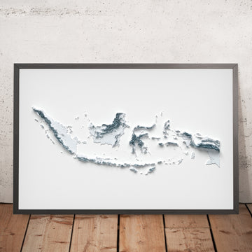 A framed image of a 3D style topographic relief map ofIndonesia