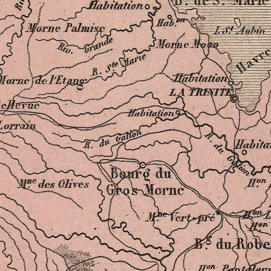Mappa antica di Martinica, Antille minori di Vuillemin, 1869: Fort-de-France, Saint-Pierre, Canna da zucchero 
