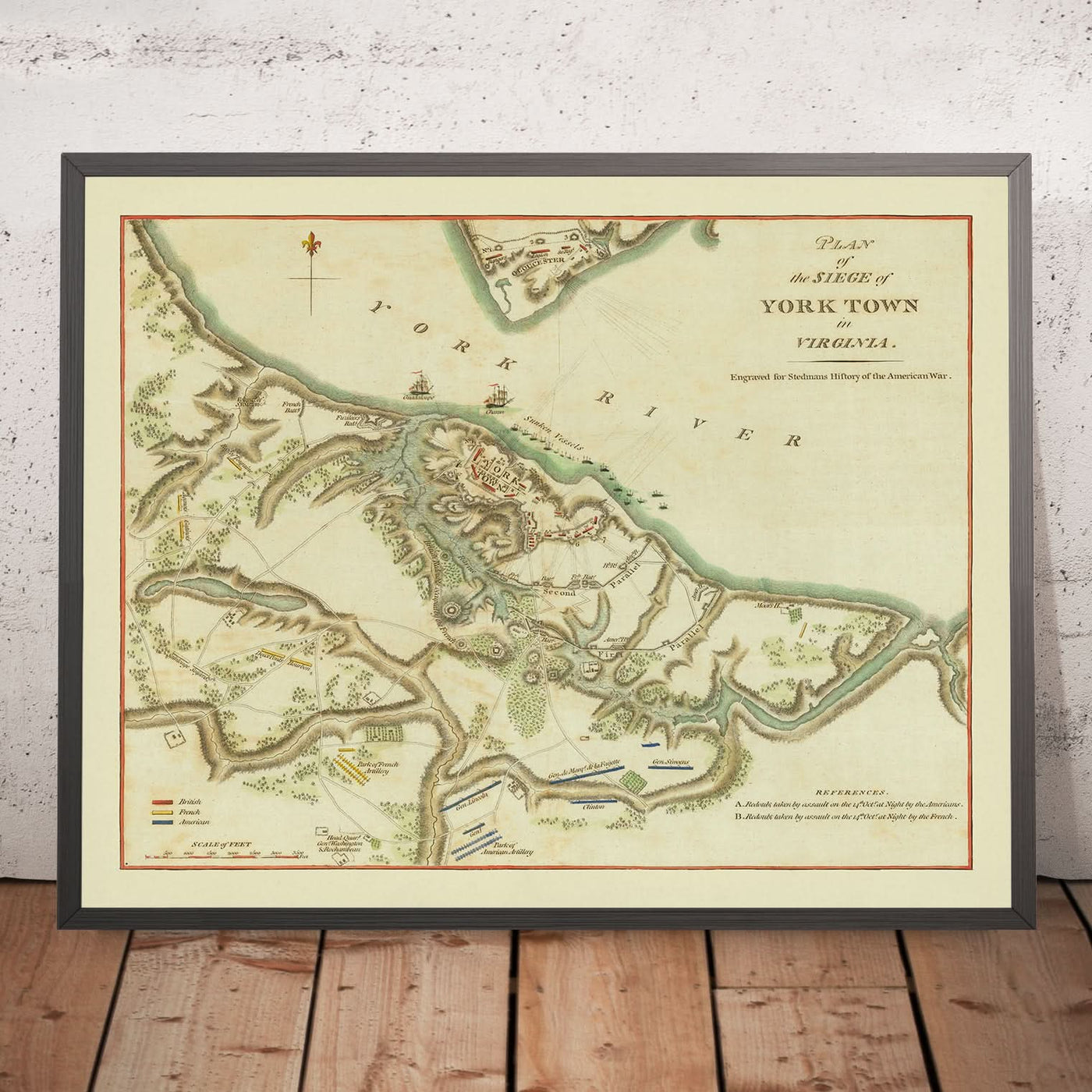 Antiguo mapa militar del asedio de Yorktown por Stedman, 1793: Yorktown, Gloucester, reductos 9 y 10, flota francesa, Washington