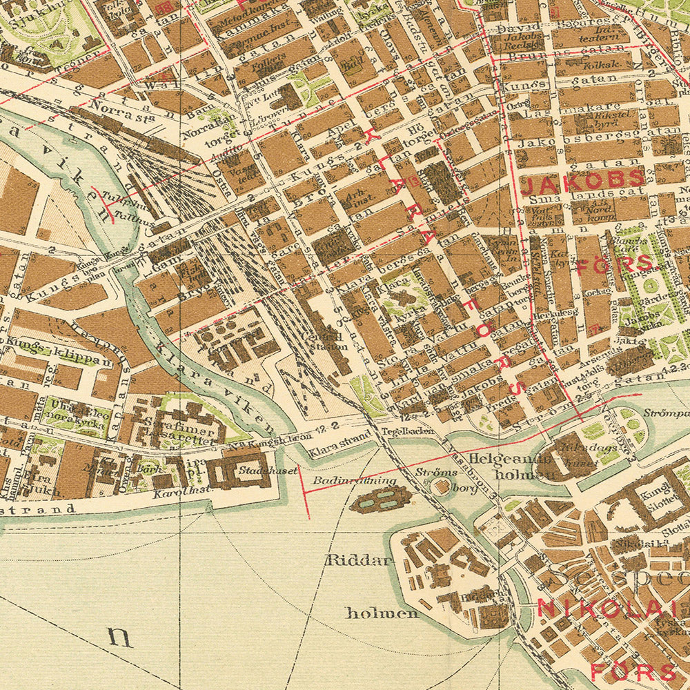 Old Map of Stockholm by Gillberg, 1920: Gamla Stan, Djurgården, Royal Palace, City Hall, Central Station