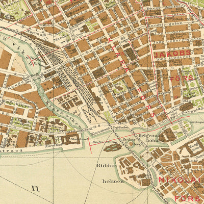 Old Map of Stockholm by Gillberg, 1920: Gamla Stan, Djurgården, Royal Palace, City Hall, Central Station