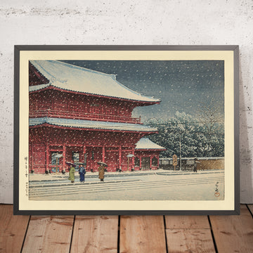 A framed image of Snow at Zojoji Temple in Tokyo by Hasui Kawase 1935