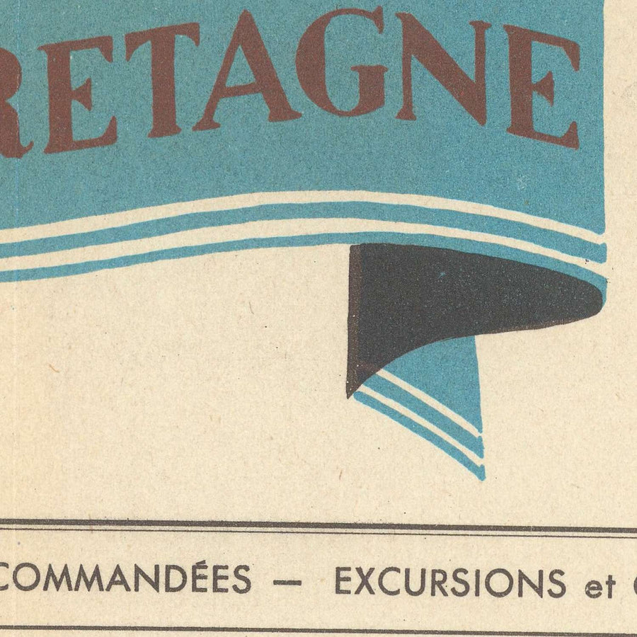 Mappa antica della Bretagna di Flornoy Jean, 1950: Nantes, Rennes, Brest, Castelli, Costa, Megaliti 