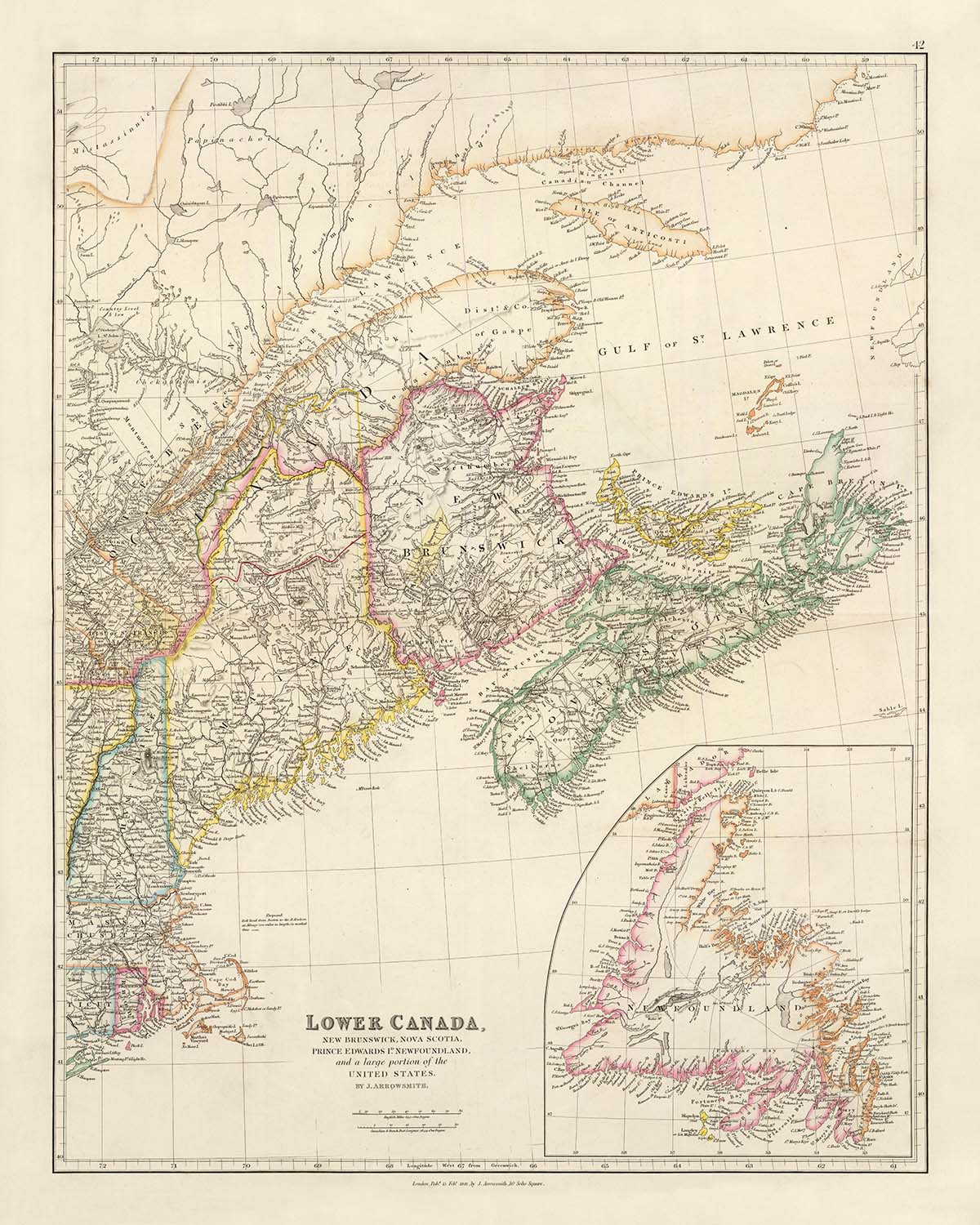 Old Map of Lower Canada by Arrowsmith, 1844: Montreal, Quebec, Newfoundland, New Brunswick, Nova Scotia