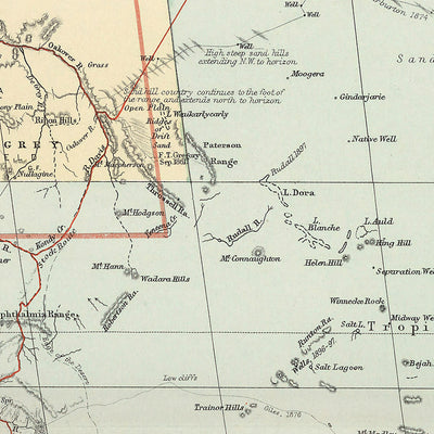 Old Map of Western Australia & the Outback by Edward Stanford, 1904: Perth, Railroads, Explorers' Routes, Great Victoria Desert