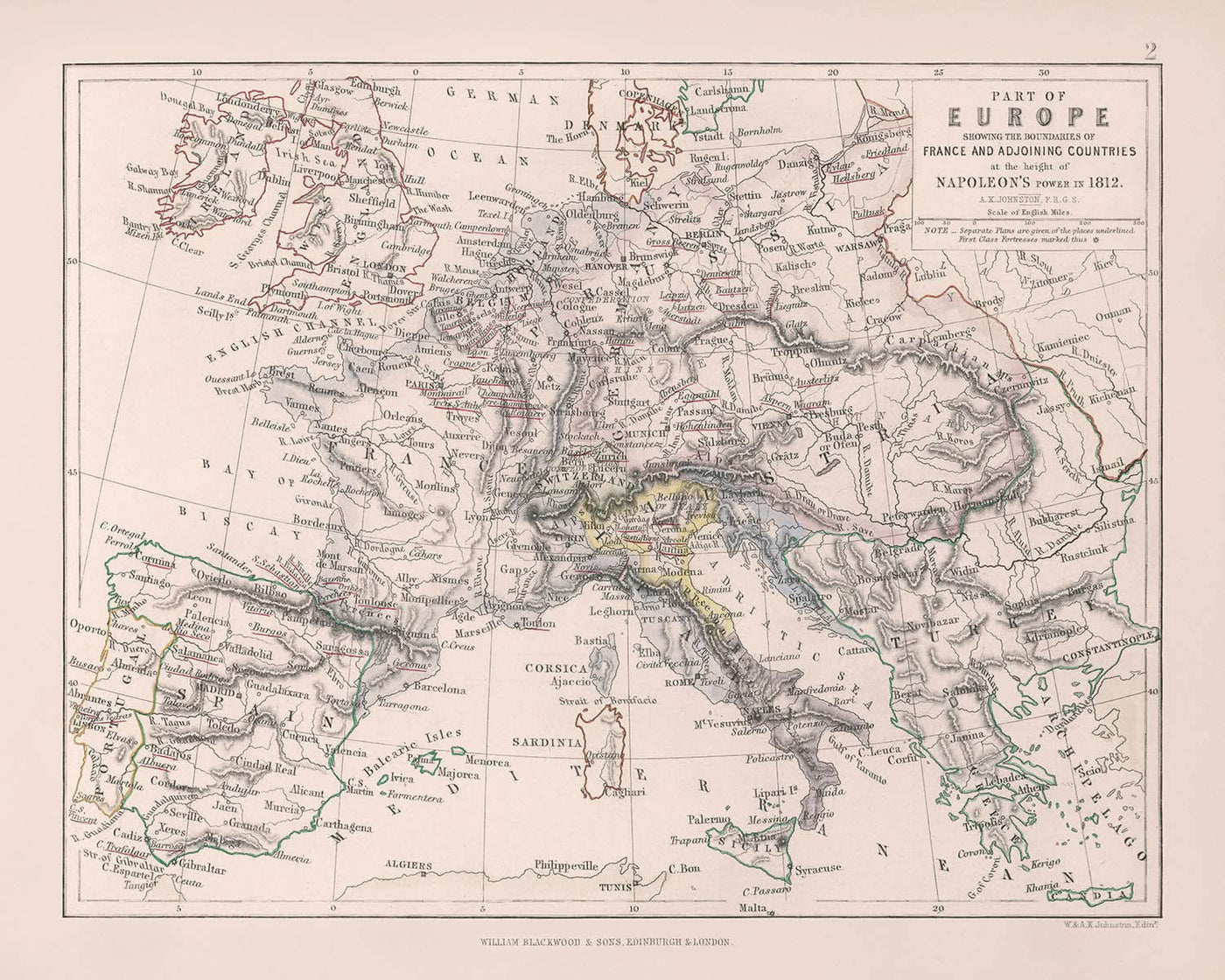 Ancienne carte militaire de l'Europe napoléonienne par Johnston, 1812 : Paris, Vienne, Rome, batailles, campagnes